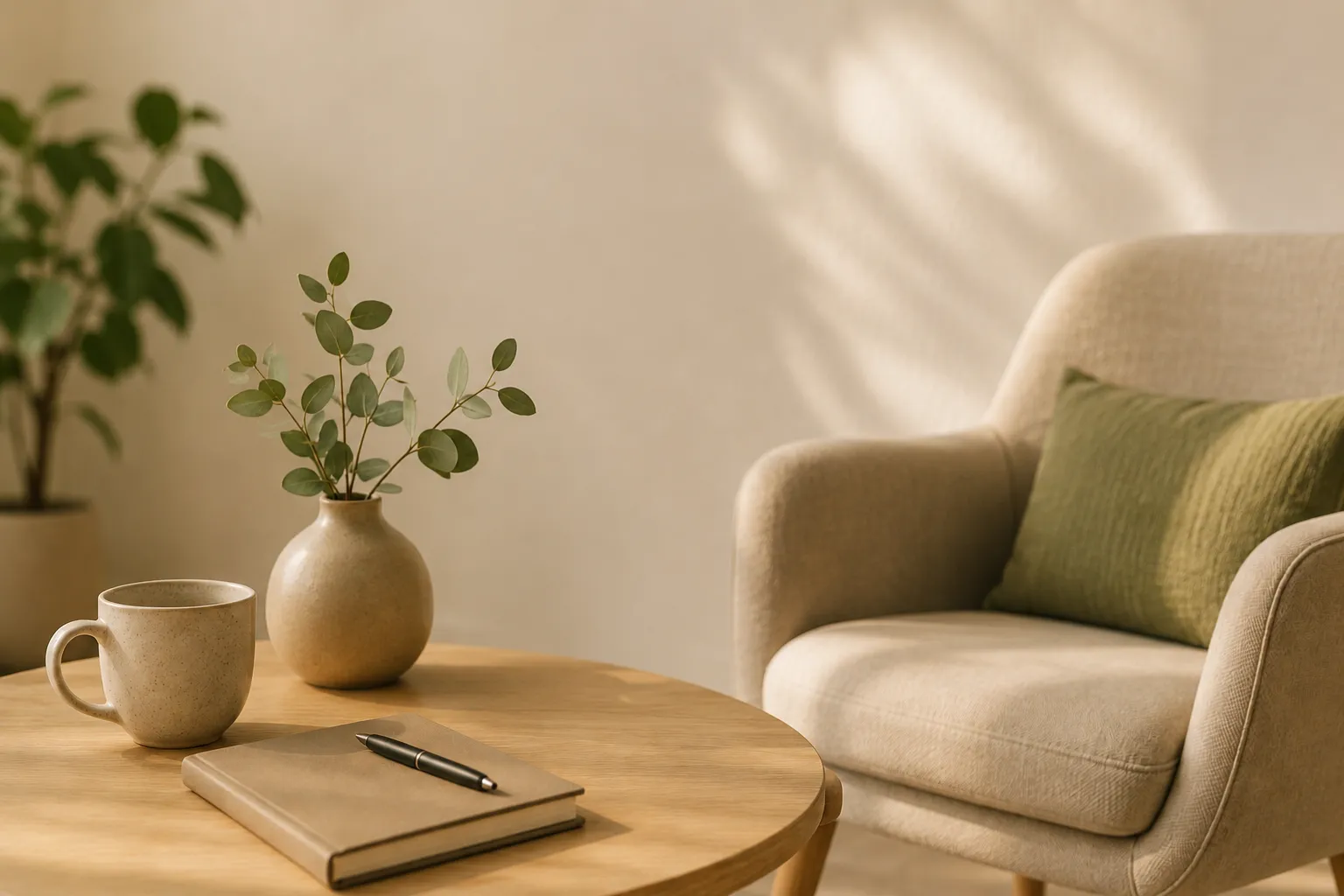 Ruhiger Arbeitsplatz mit Eukalyptus, Notizbuch und Sessel