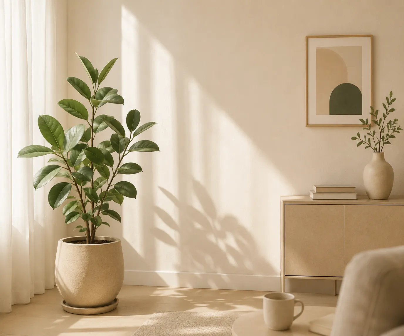 Sonnendurchflutetes Zimmer mit Pflanze